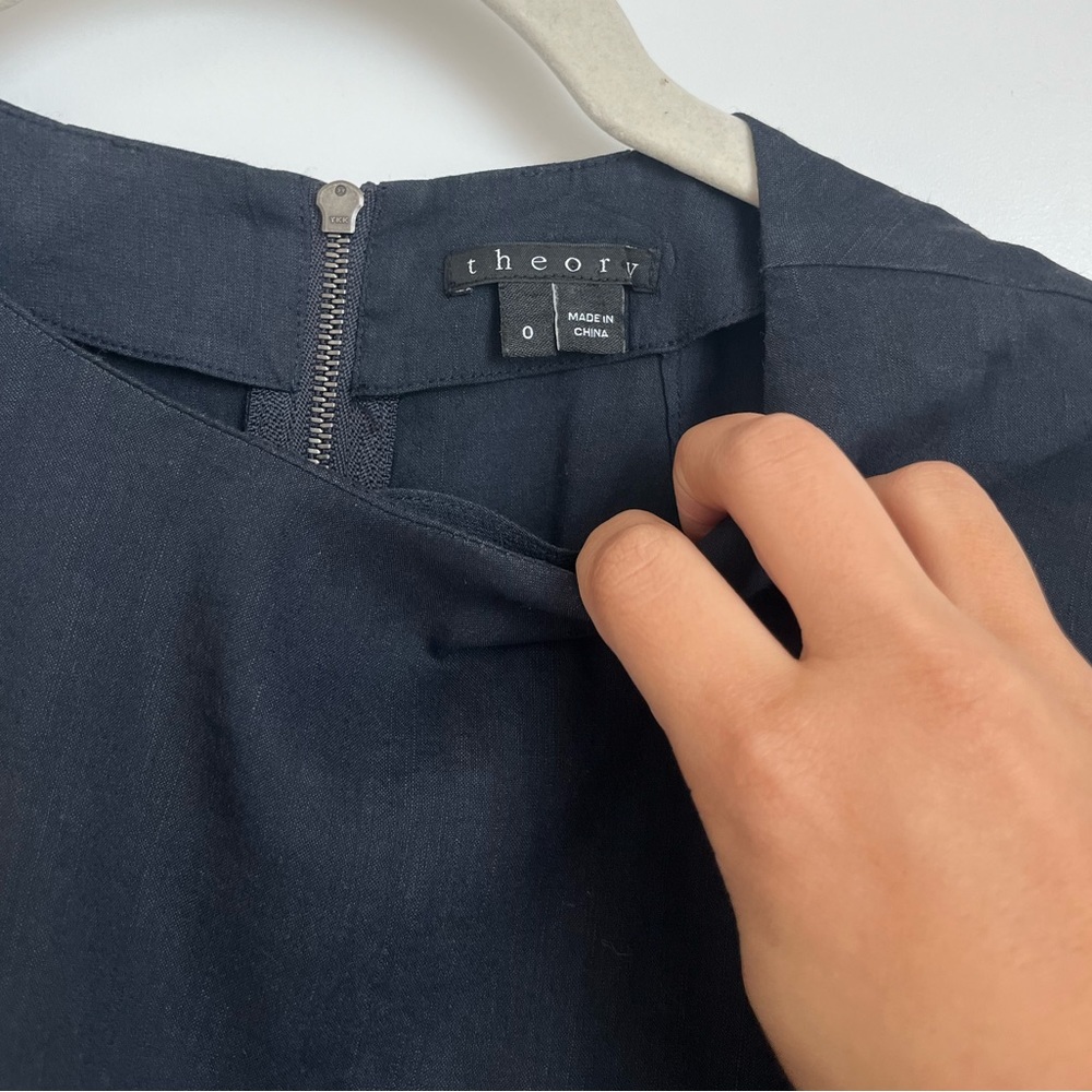 Theory Short Sleeve Navy Blue Linen Blend Square Pockets Dress 0 - Picture 5 of 6